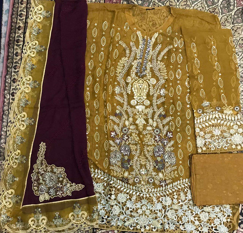 Demir Embroidered Semi Stitched Chiffon By Noors – D1 (Mustard)