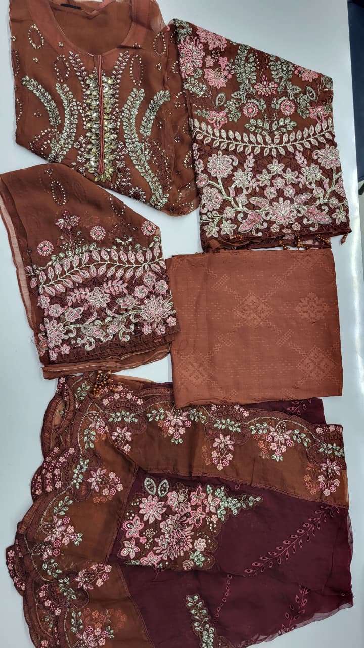 Demir Embroidered Semi Stitched Chiffon By Noors – D5 (Dull Rust)