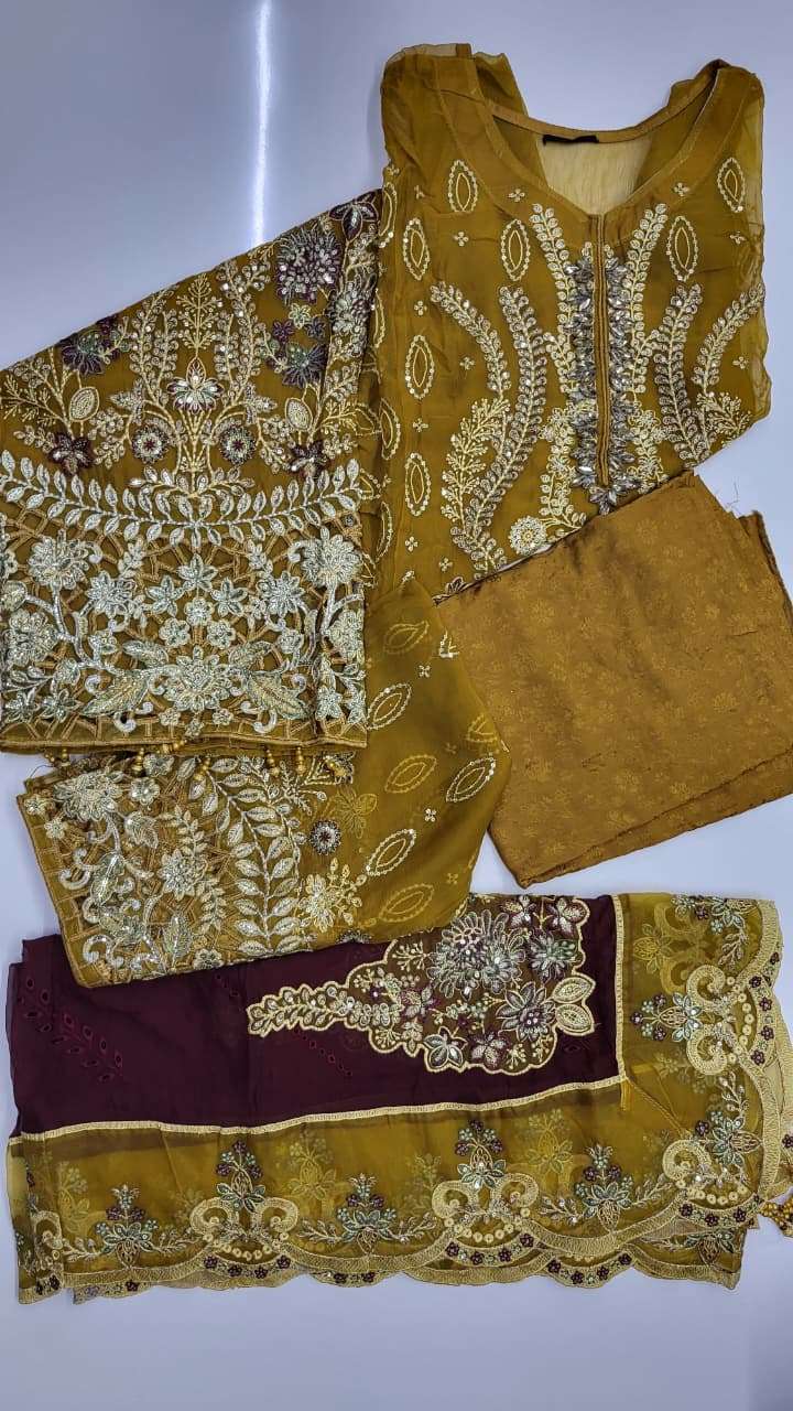 Demir Embroidered Semi Stitched Chiffon By Noors – D1 (Mustard)