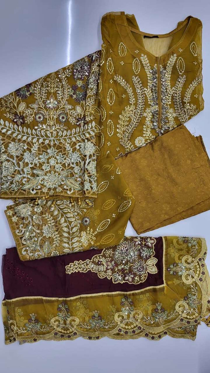 Demir Embroidered Semi Stitched Chiffon By Noors – D1 (Mustard)