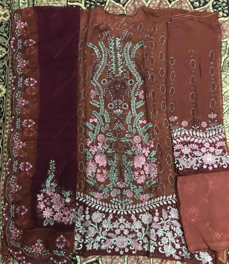 Demir Embroidered Semi Stitched Chiffon By Noors – D5 (Dull Rust)
