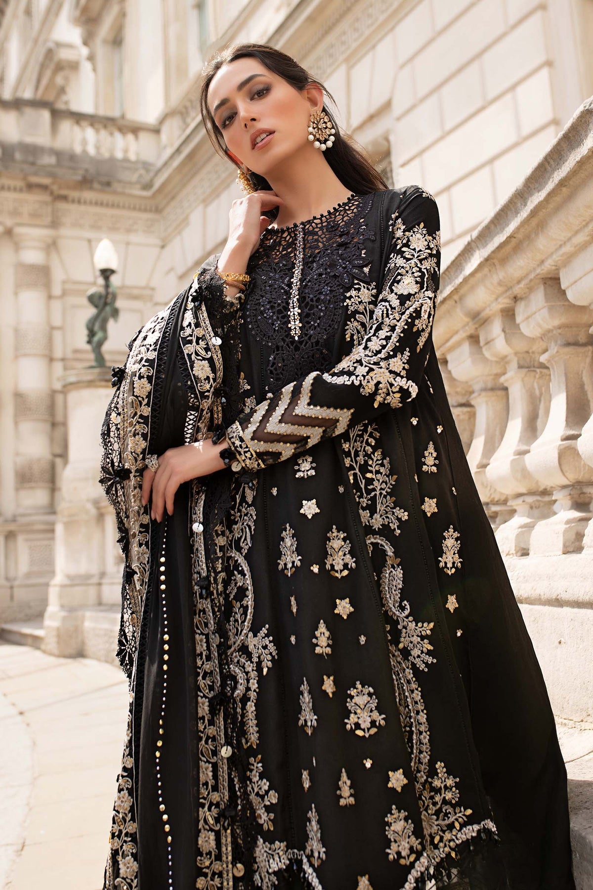 MARIA B Soiree Unstitched Embroidered Raw Silk Suit WF-09-03-Black