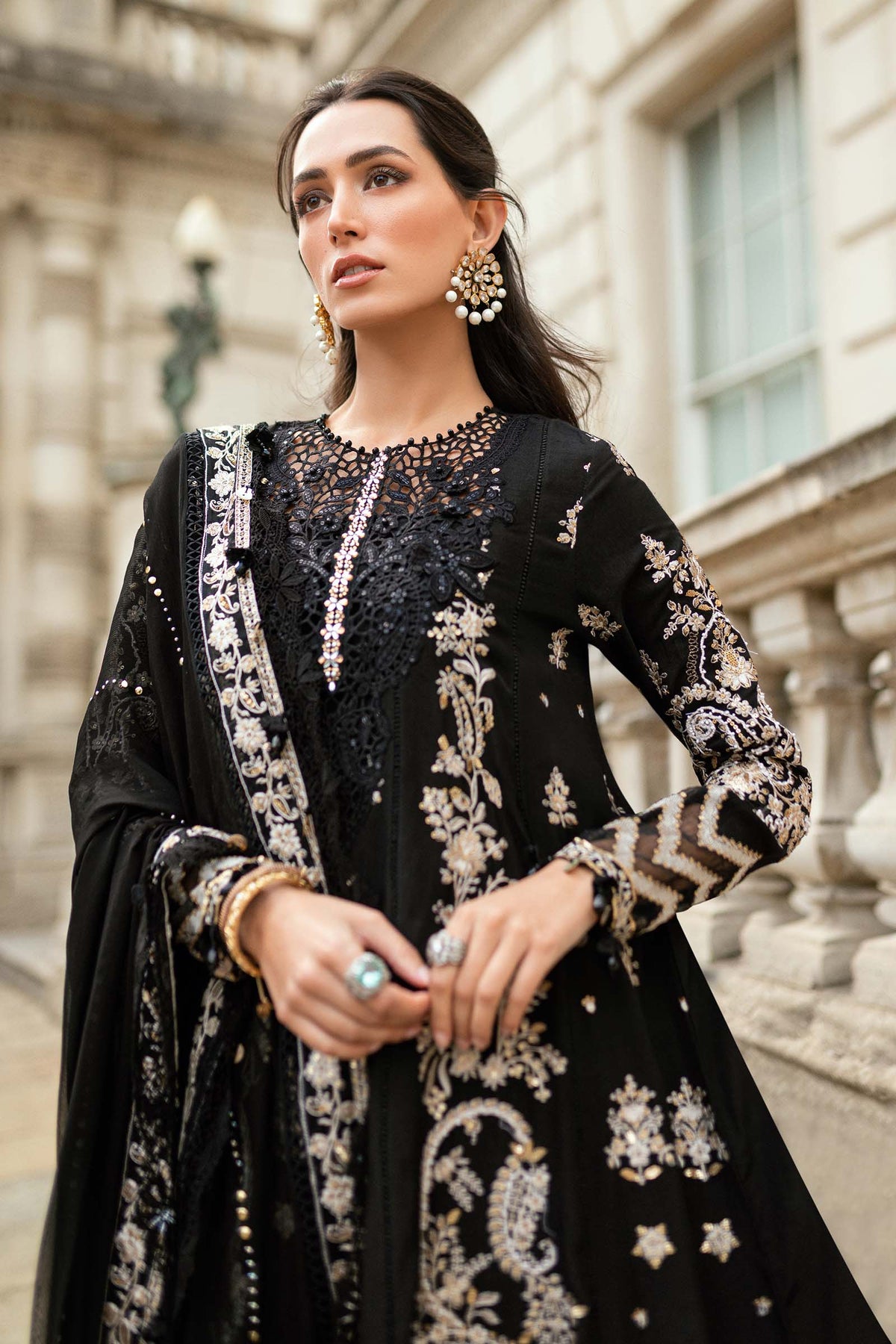 MARIA B Soiree Unstitched Embroidered Raw Silk Suit WF-09-03-Black