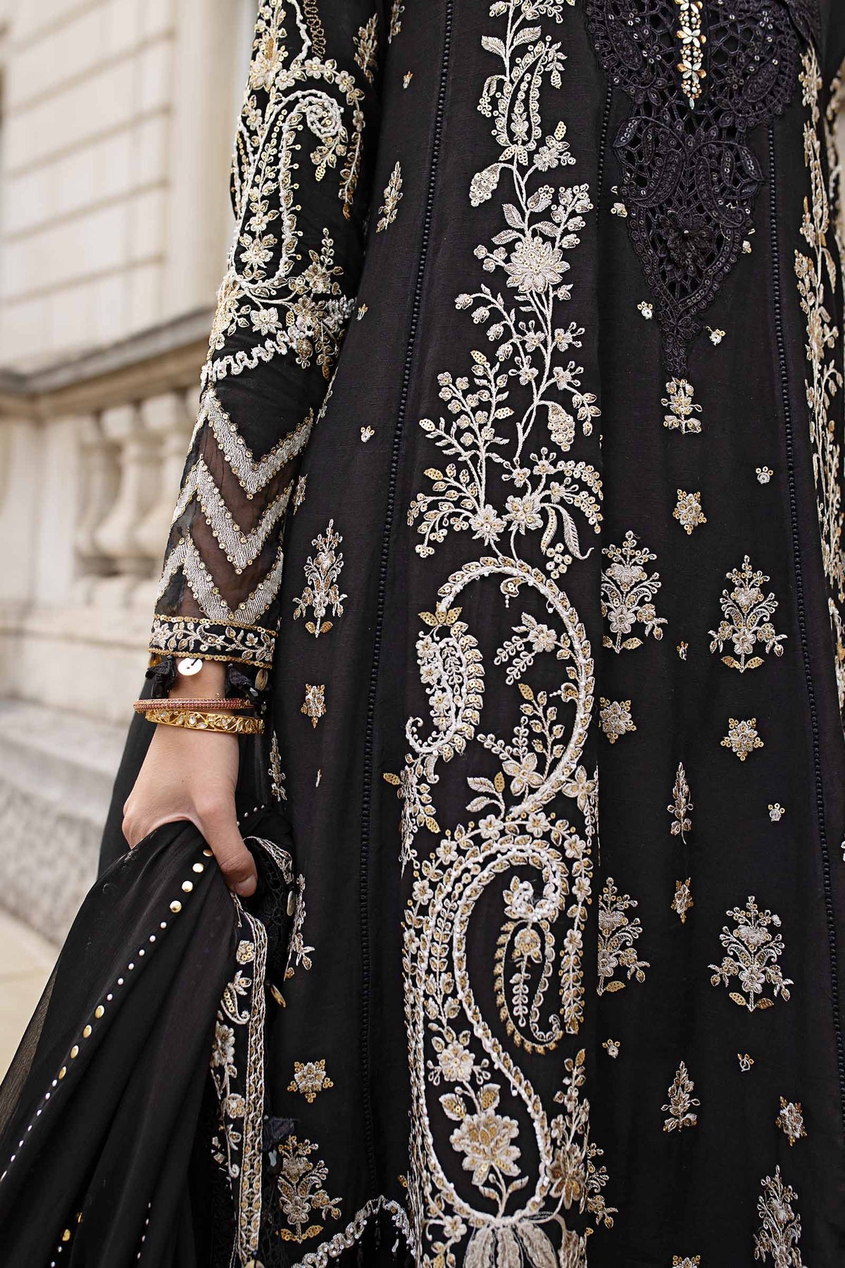 MARIA B Soiree Unstitched Embroidered Raw Silk Suit WF-09-03-Black