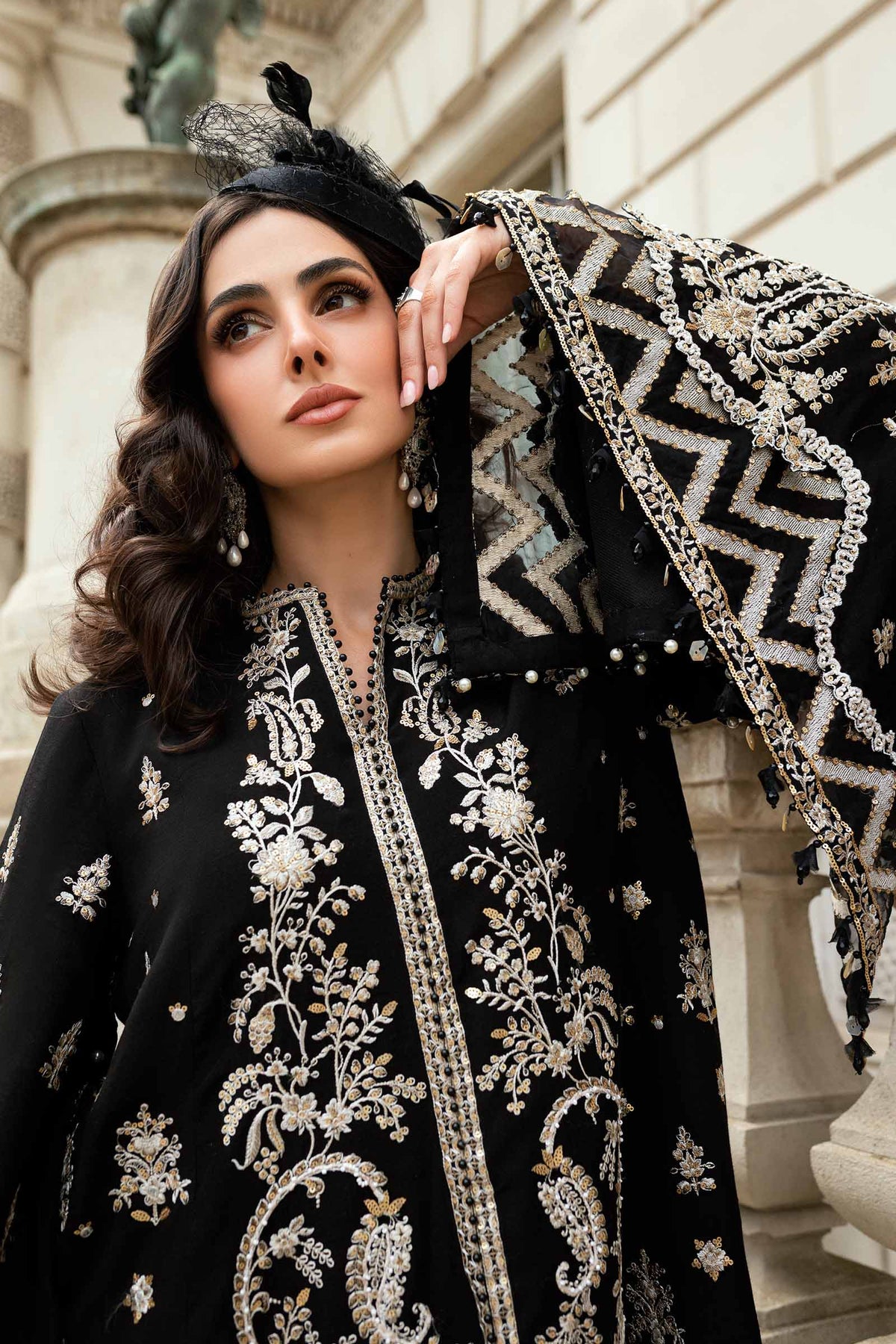 MARIA B Soiree Unstitched Embroidered Raw Silk Suit WF-09-03-Black