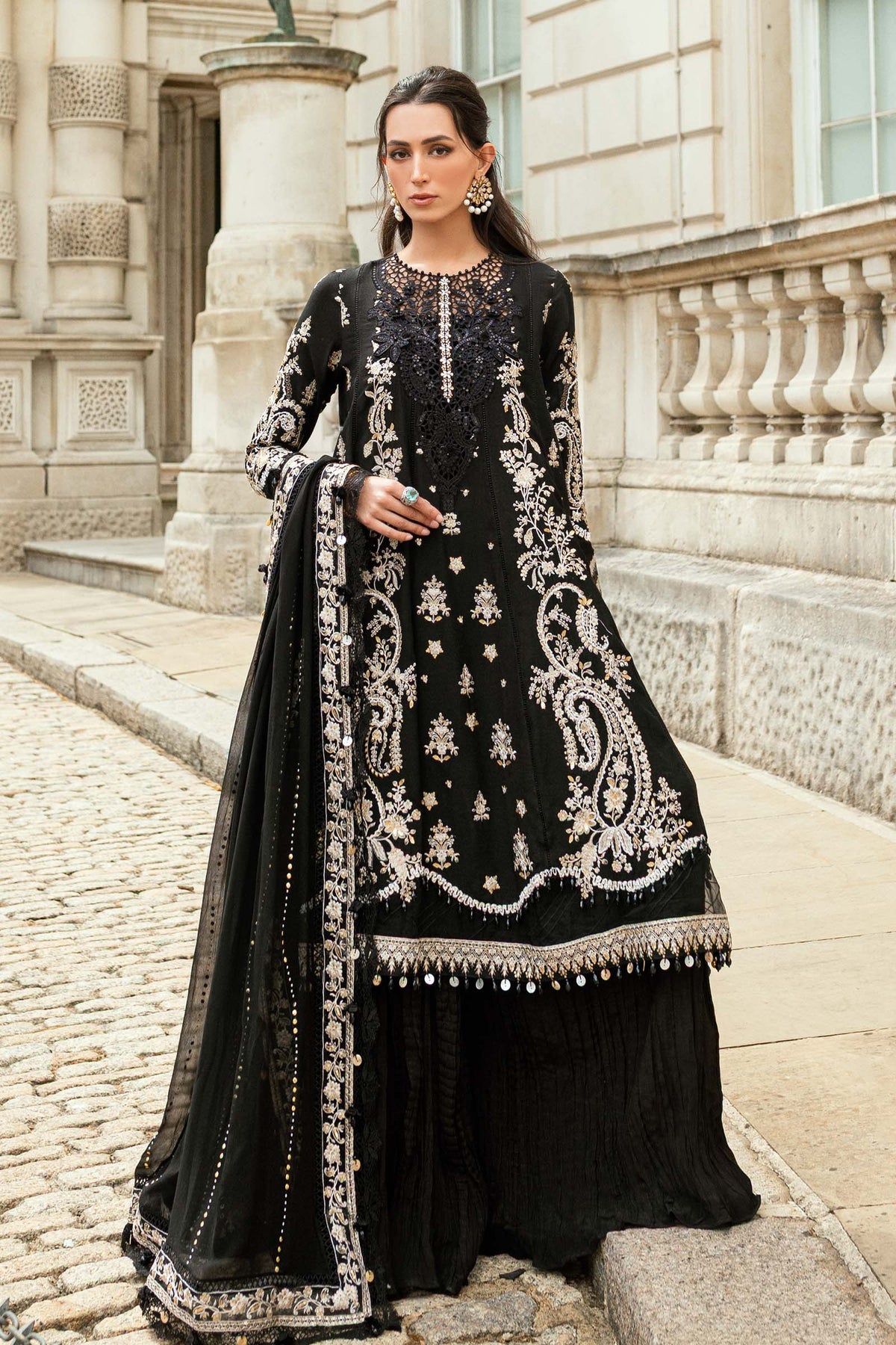 MARIA B Soiree Unstitched Embroidered Raw Silk Suit WF-09-03-Black