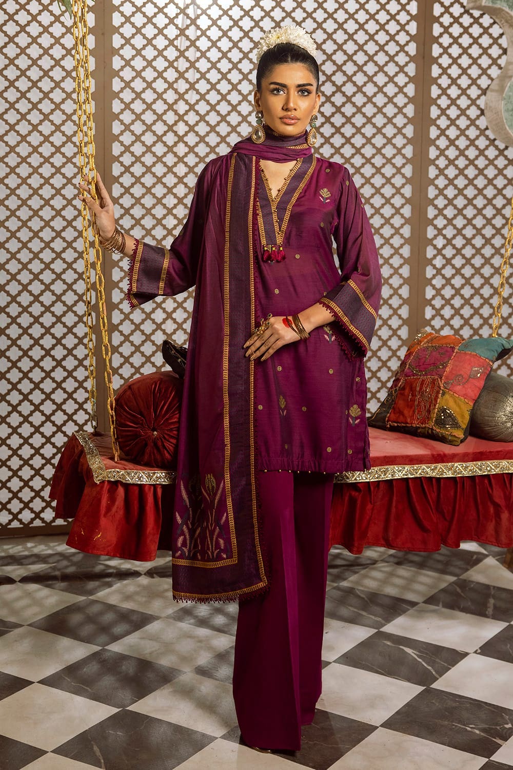 3 Piece Jacquard Unstitched Suit with Dupatta and Inner MJ-42003