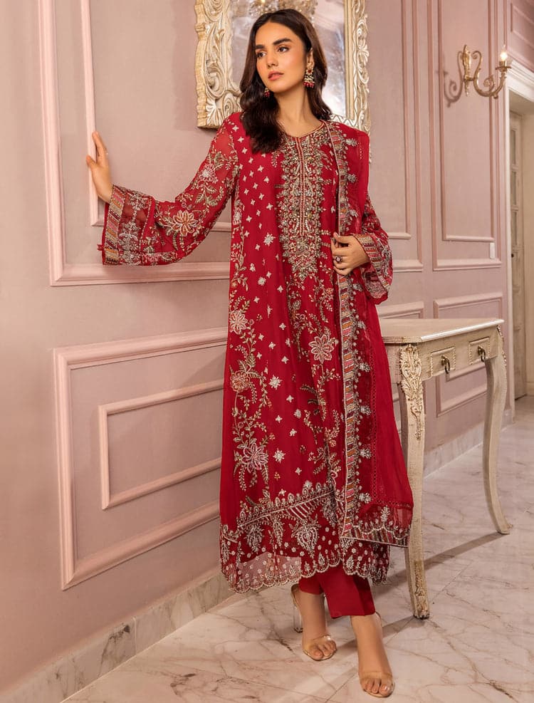 Ronak-e Mehal By ZA Cloths Semi Stitched Chiffon D-04 (Red)