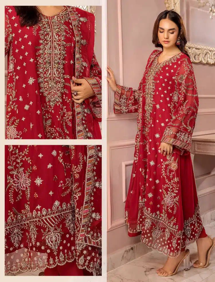 Ronak-e Mehal By ZA Cloths Semi Stitched Chiffon D-04 (Red)