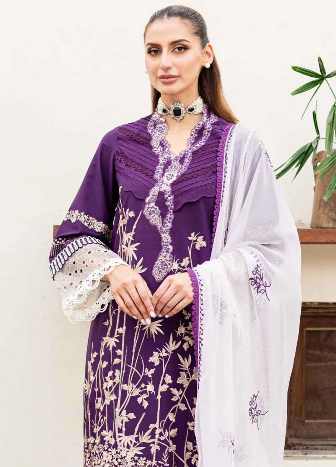 Shiree By Sable Vogue Embroidered Lawn D-03 Plum Orchid